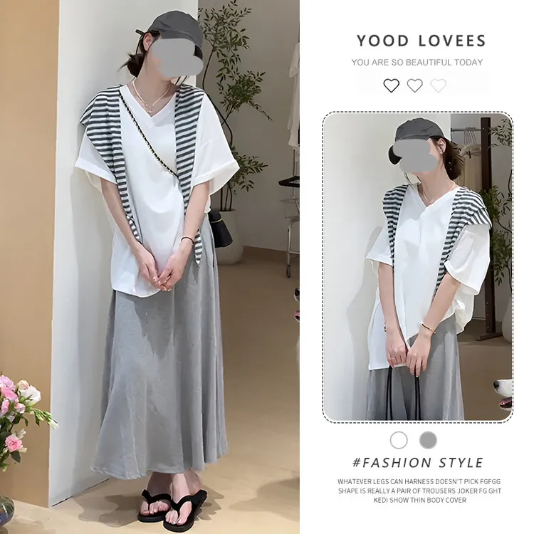 一整套ootd穿搭套装女2025夏季松弛感条纹披肩+T恤+半身裙三件套