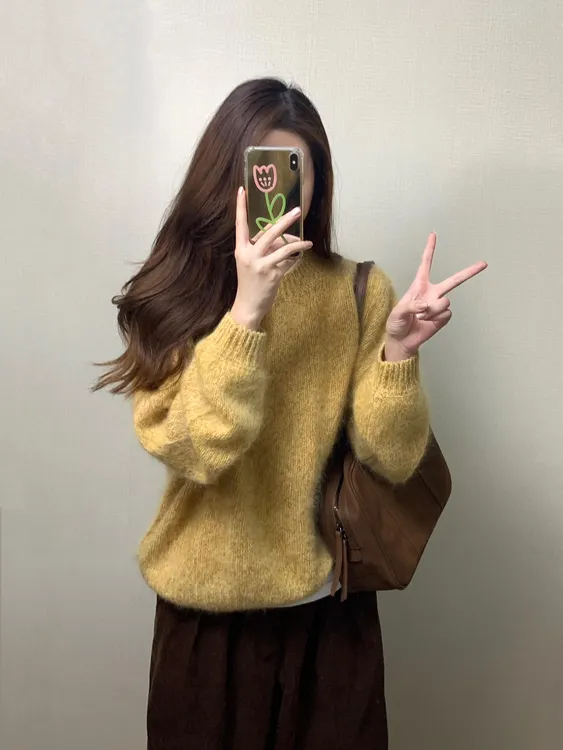 【芝士咖啡】秋冬黄色针织毛衣套头上衣棕色长裤T恤超值三件套装