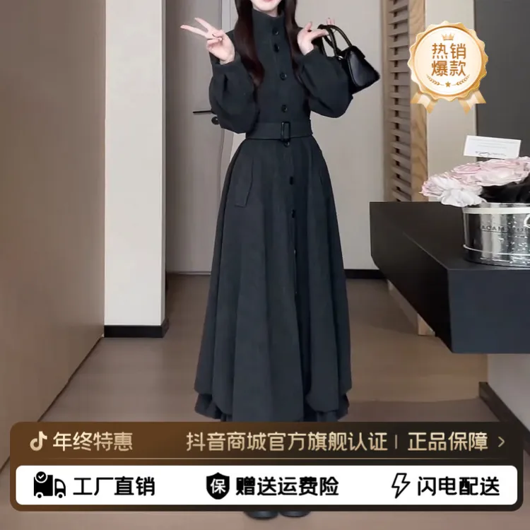 法式立领长袖连衣裙女冬季2026新款收腰显瘦A字长裙高级感气质