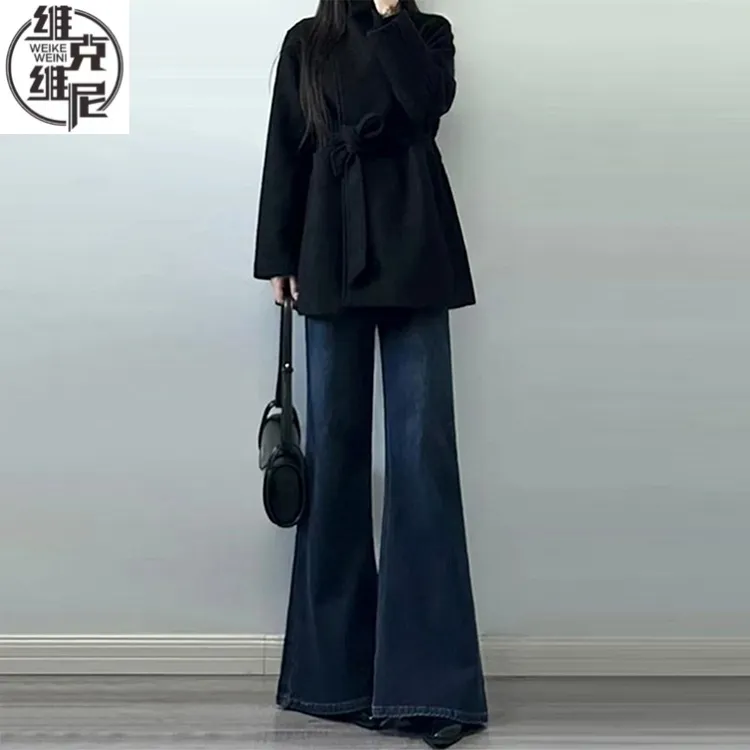 美式复古微喇牛仔裤女秋冬2025新款高腰宽松直筒阔腿梧桐喇叭裤子