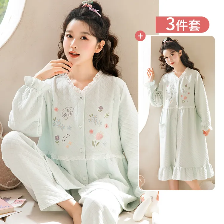 家时光月子服纯棉哺乳服孕妇睡衣加厚产妇孕产裙秋冬季可外穿5517