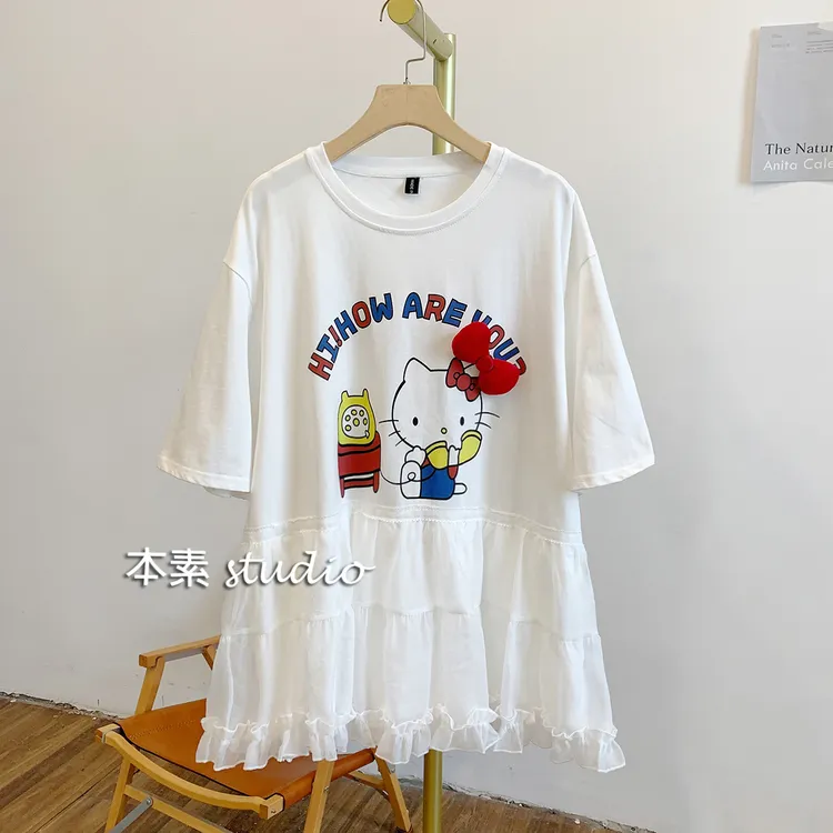 C3806蝴蝶结Kitty猫雪纺拼接圆领短袖T恤