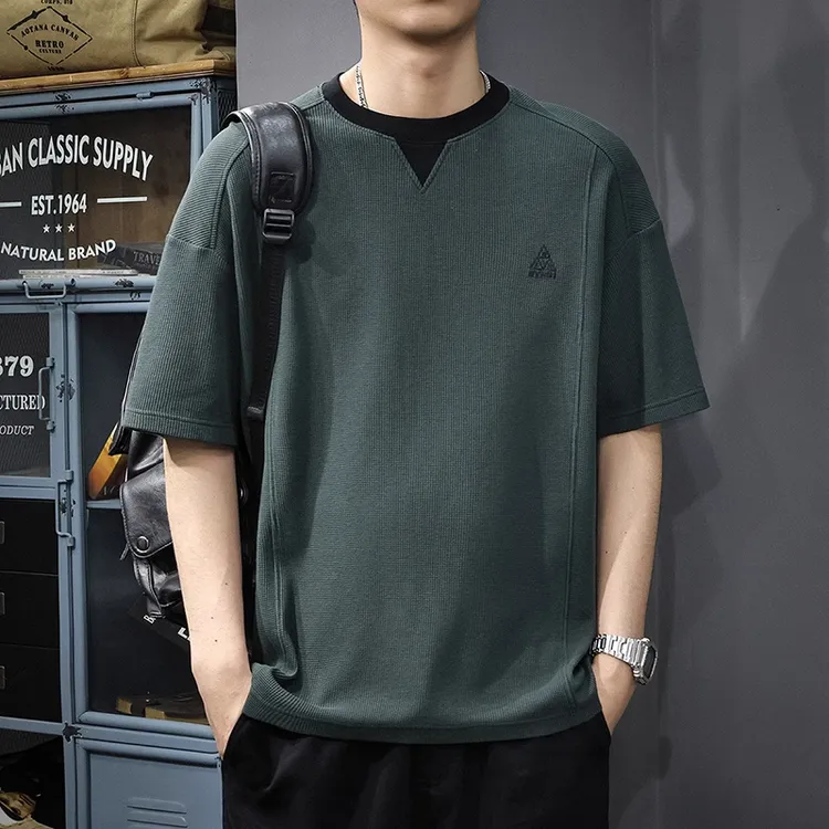 美式休闲假两件撞色短袖t恤男2025夏季新款肌理感宽松大码拼接T恤
