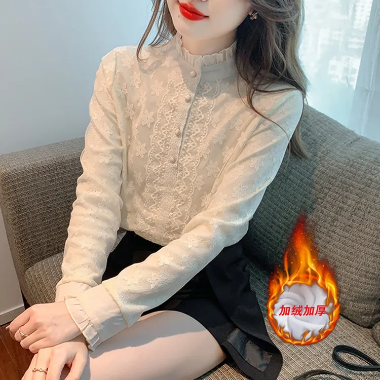 2024秋加厚蕾丝打底衫秋新款保暖立领衬衫长袖上衣