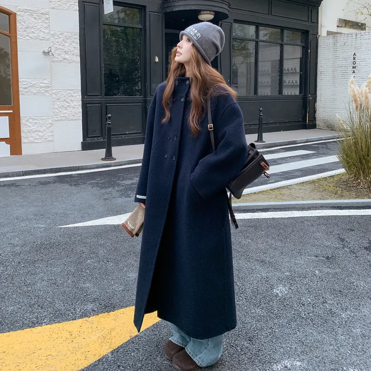 藏青色双面羊绒大衣女装秋冬季高级感穿搭韩系连帽毛呢外套长款厚