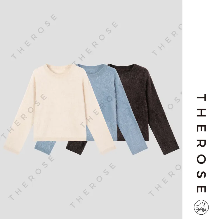 之柔【雪绒花】时尚气质羊绒拉毛圆领针织秋冬百搭温柔宽松长袖上衣