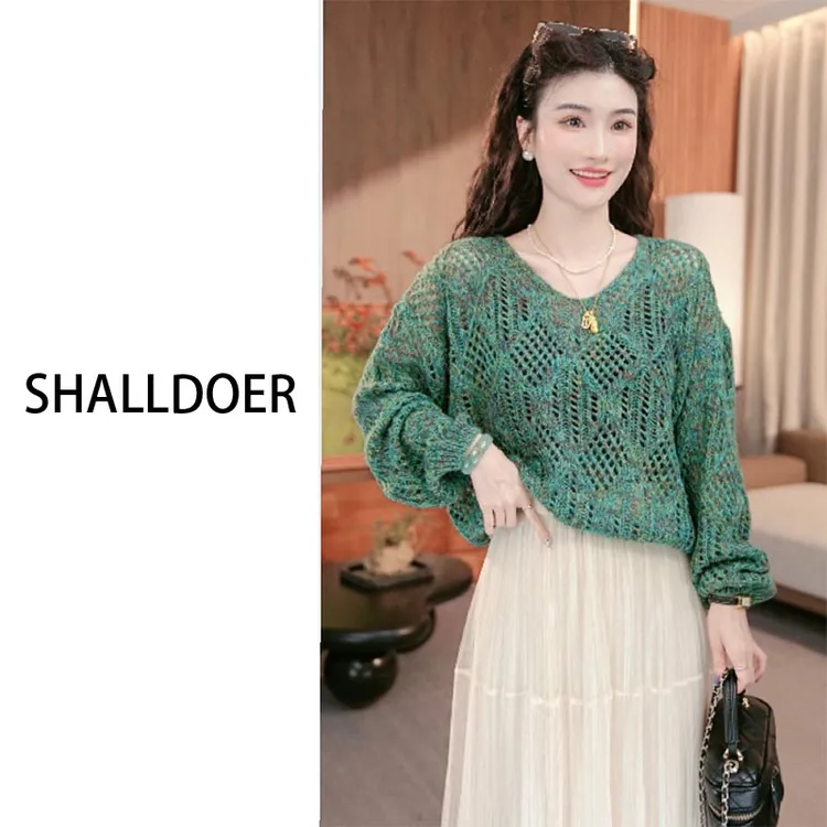 2025春秋韩式新款温柔风减龄V领镂空针织衫女小众百搭高级感上衣