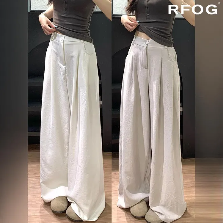 奶芙休闲西装裤女夏季薄款显瘦冰丝拖地裤宽松慵懒白色山本阔腿裤