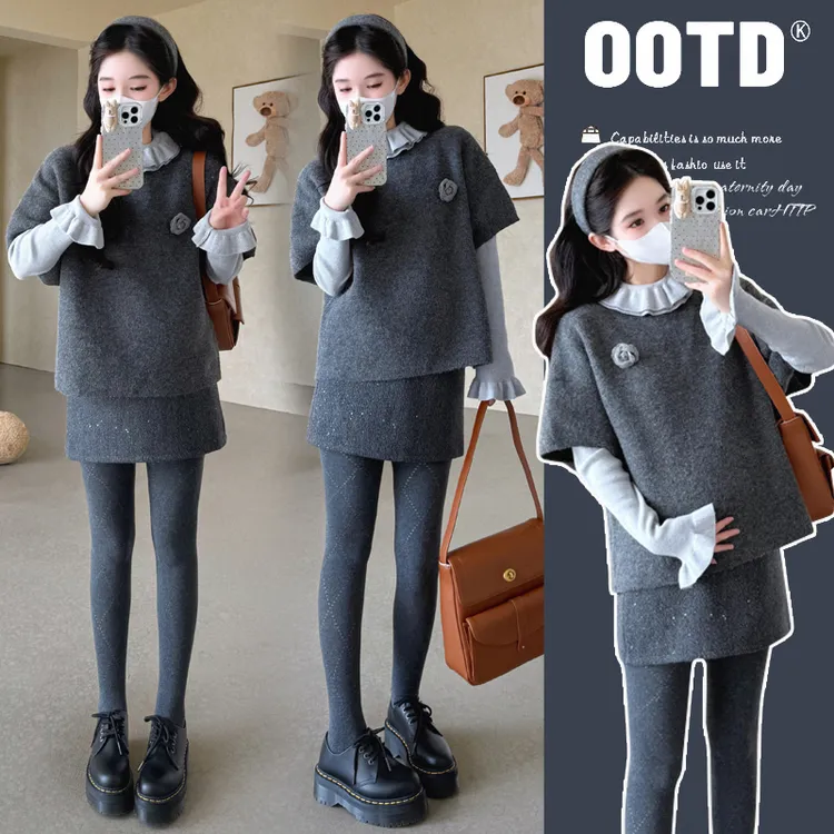 孕妇装秋季套装新款花边孕妇长袖上衣时尚显瘦马甲外穿托腹半身裙