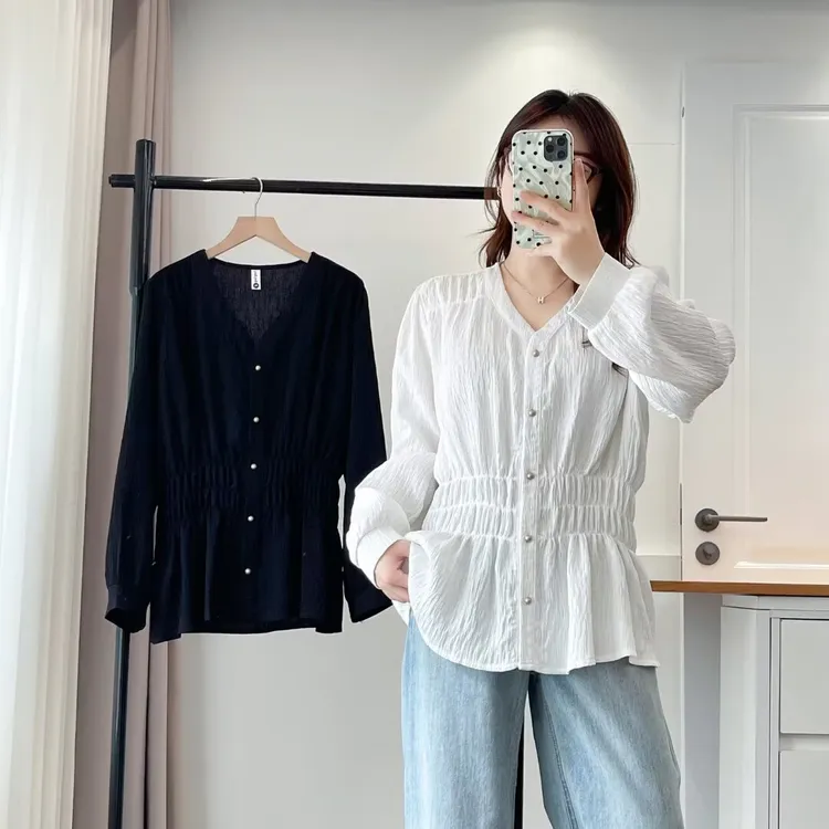 大码女装 胸108-132秋装法式正肩收腰衬衫上衣2556#