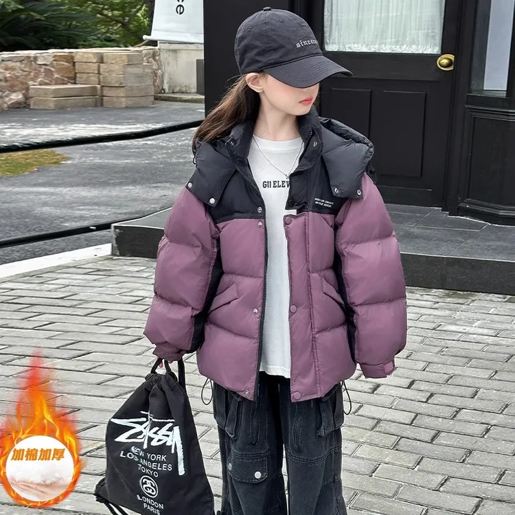 女大童冬装棉衣2025新款初中生女生字母拼色加棉加厚外套连帽棉服