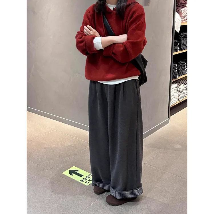 深灰色毛呢阔腿裤女秋季大码胖mm遮肉显瘦松弛感小个子直筒休闲裤