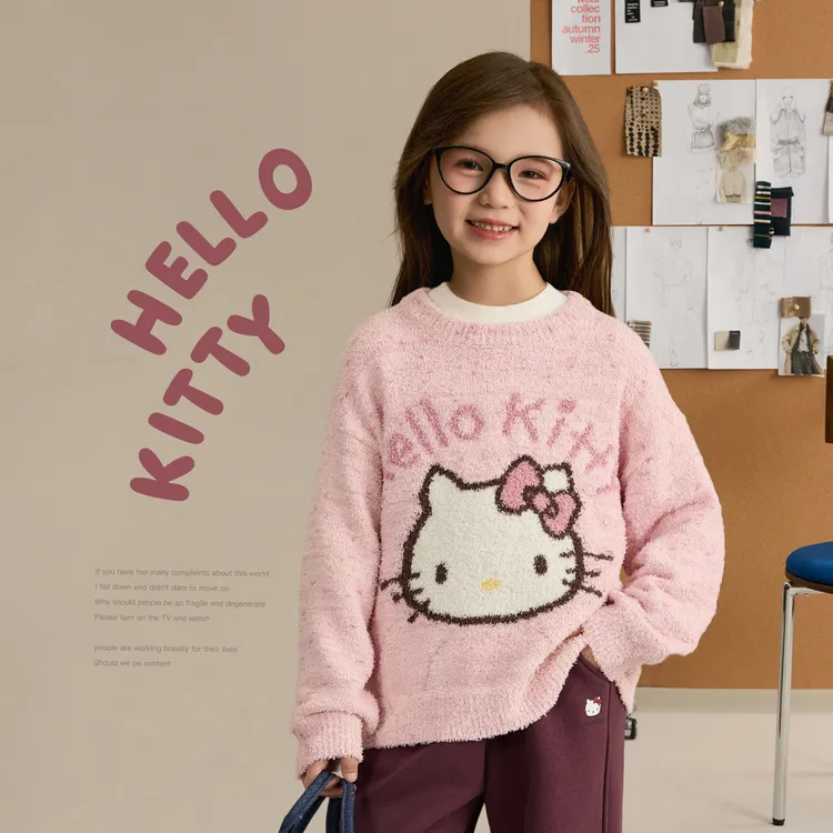 辰辰妈【糯叽叽】女童半边绒毛衣Kitty撞色提花儿童保暖上衣9152DH