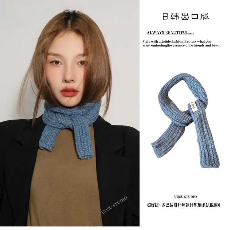 日系纯色软糯细窄长条围巾女秋冬季辣妹时尚穿搭装饰护颈针织围脖