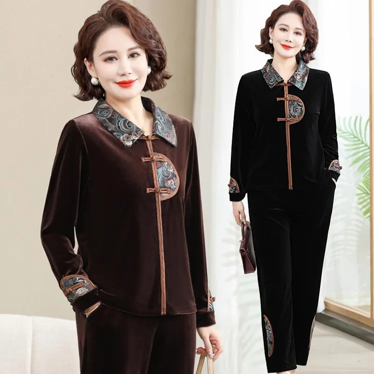 恒源祥集团彩羊妈妈秋装仿金丝绒套装洋气中老年人唐装上衣两件套