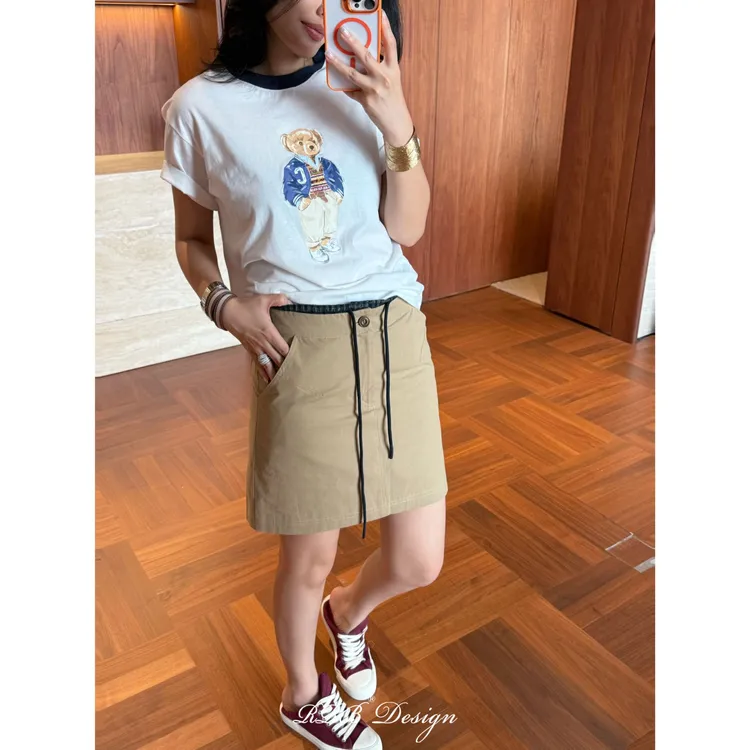 RRB Design「适意悠游」100%棉拼接格纹修身系带半身裙气质A字裙