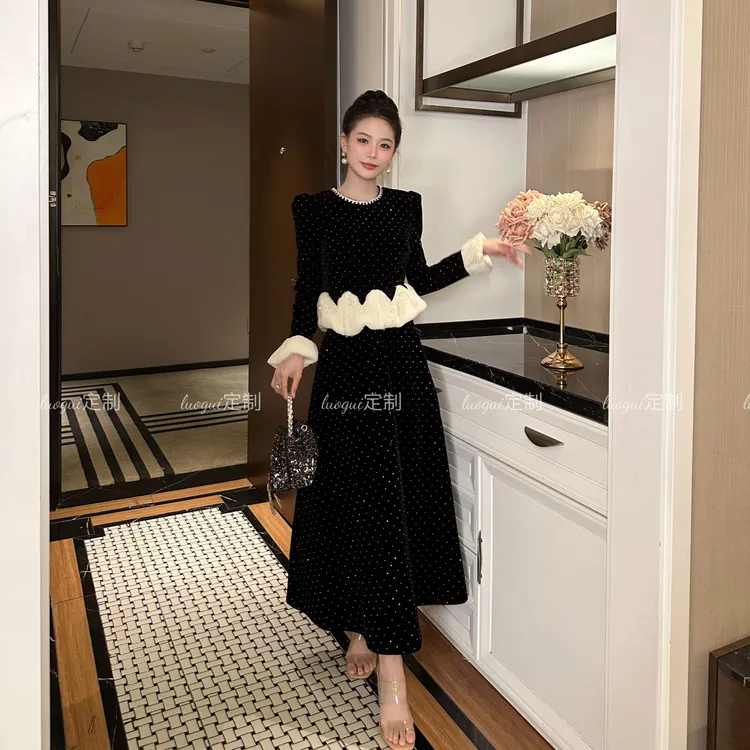 【花花原创】时尚中长款拼接小香风显瘦气质名媛法式连衣裙45056