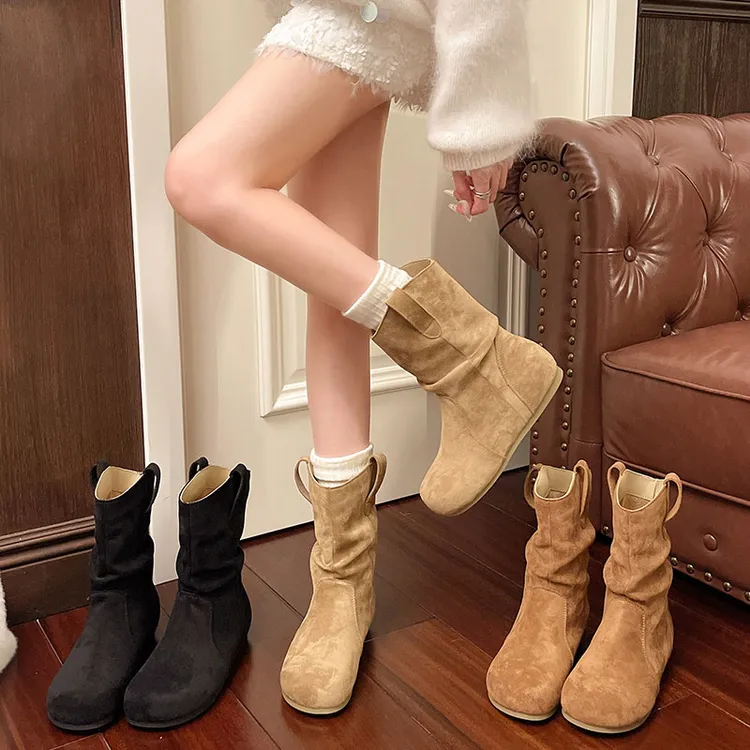 内增高复古短靴女2025秋冬新款西部牛仔马丁靴圆头短筒勃肯堆堆靴