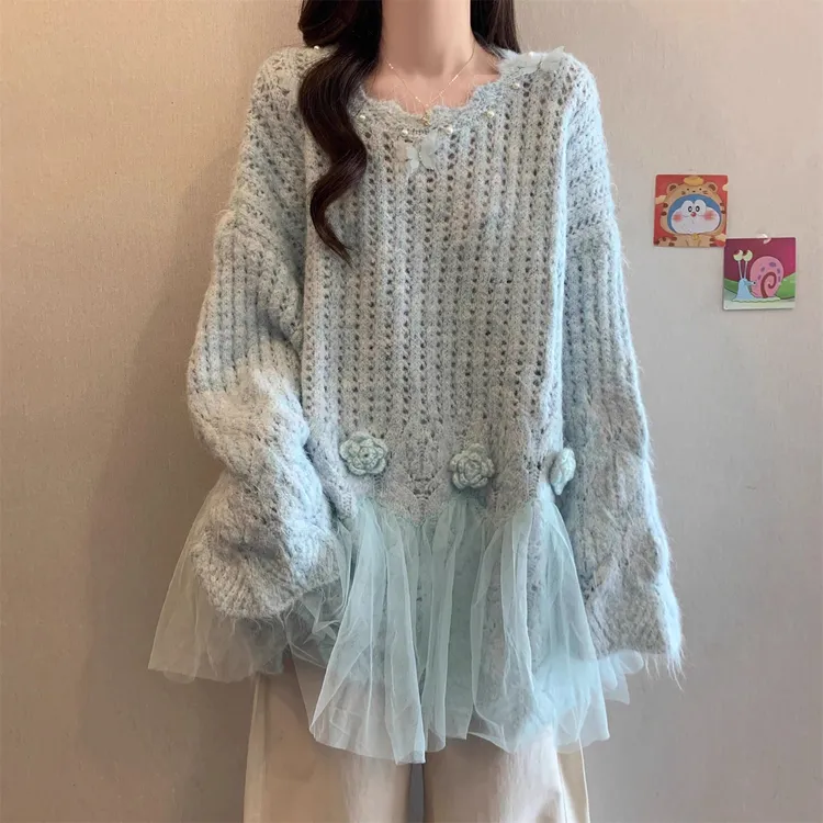 秋季新款韩版设计感花朵长袖毛衣针织衫女大码胖mm宽松巨显瘦上衣