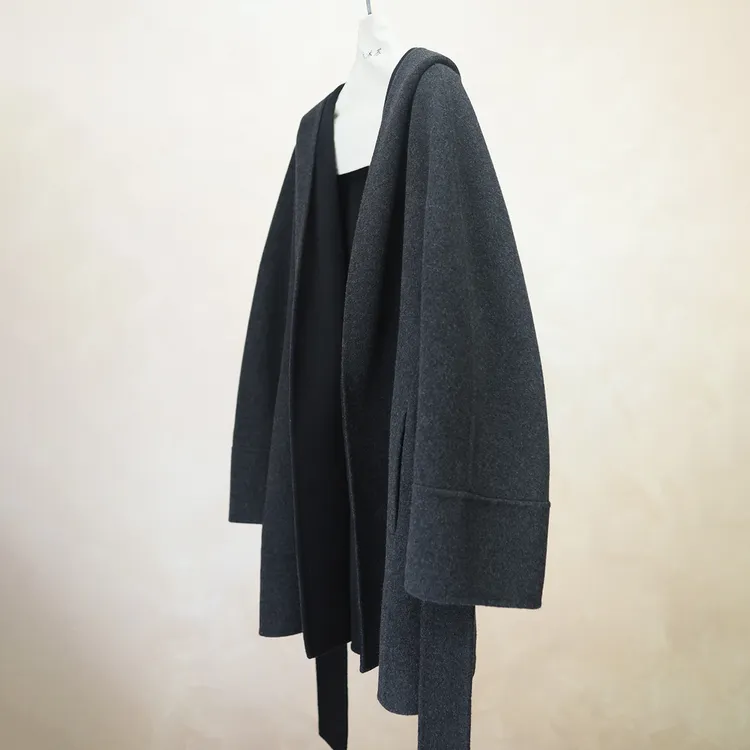 100支5%羊绒立绒双面呢连帽宽松韩版中长款毛呢外套女秋冬新款