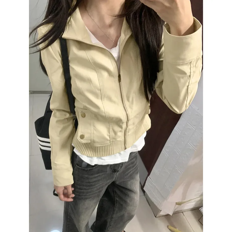 美式复古设计感夹克短外套女春秋季新款修身显瘦短款翻领开衫上衣