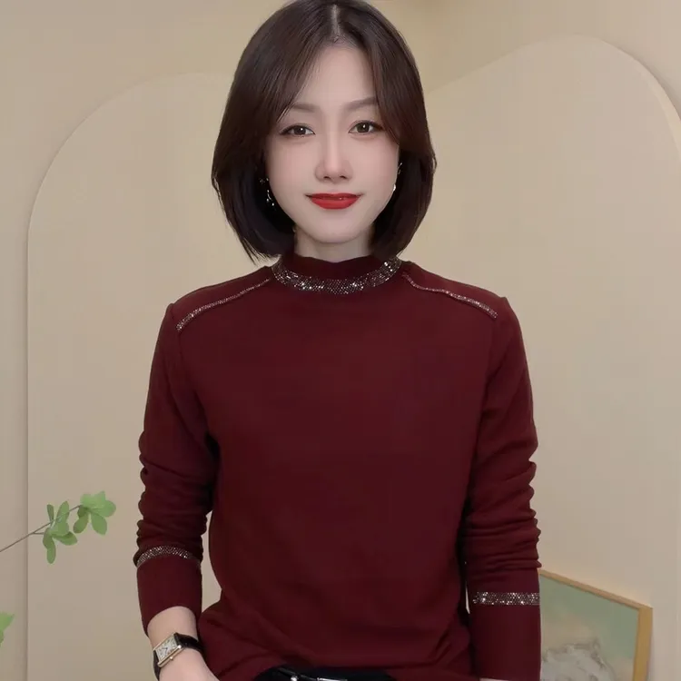 秋冬新款纯色百搭烫钻半高领长袖休闲T恤气质女修身小衫妈妈装