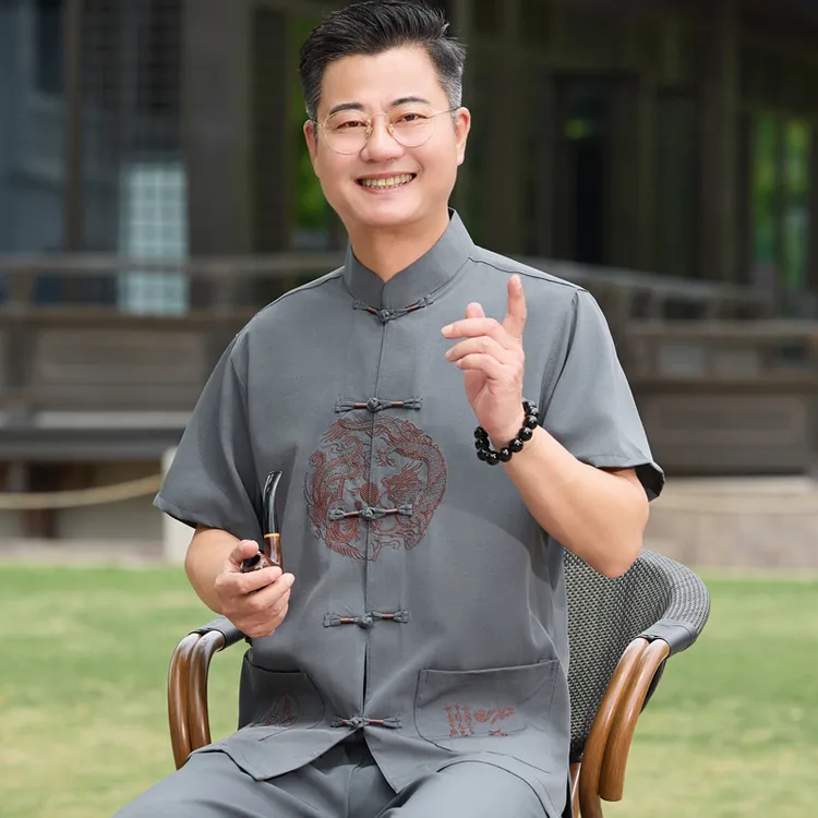 爸爸夏装短袖唐装男中老年60岁爷爷夏季中国风男士套装老年人衣服