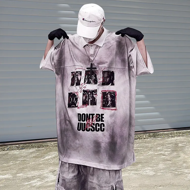 UUCSCC嘻哈潮牌高街POLO领贴布短袖T恤宽松vintage做旧水洗五分袖