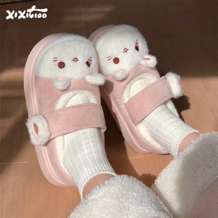 细细条 少女lolita鞋软萌小猫玛丽珍棉鞋可爱魔术贴厚底豆豆鞋冬