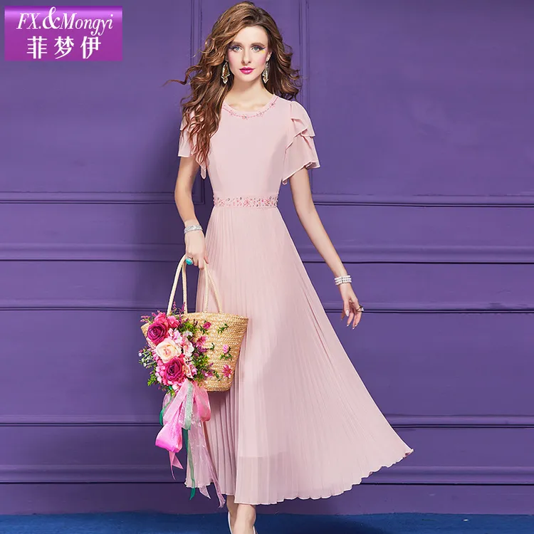 菲梦伊钉珠粉色连衣裙女夏装新款法式别致时尚收腰百褶长裙65620