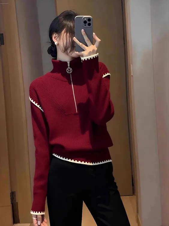 秋季巨好看百搭显瘦高领长袖上衣韩系独特漂亮红色半拉链针织衫女