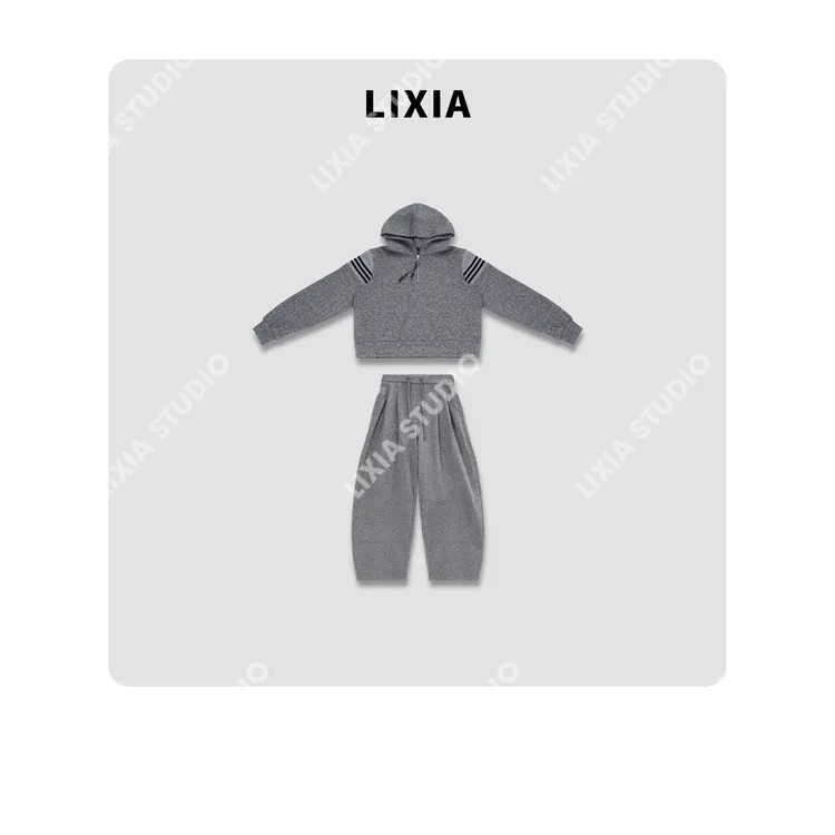 LIXIA【随性灰调】ins风休闲加厚拉链套头卫衣阔腿卫裤套装-D10161