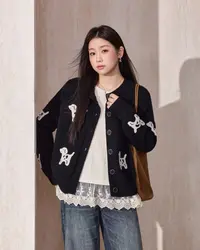 小香风黑色小狗针织开衫女新款秋冬2025新款毛衣外套上衣961Y