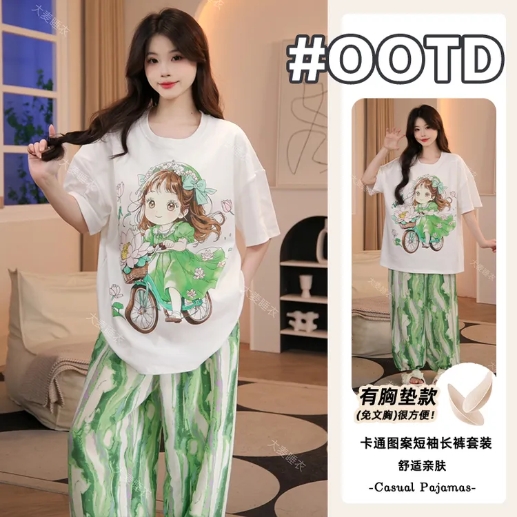 宽松纯棉睡衣女士束脚裤夏季新款休闲简约短袖长裤睡衣家居服套装