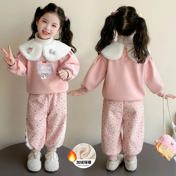 女童卡通加绒保暖套装秋冬季2025新款儿童翻领两件套宝宝洋气冬装