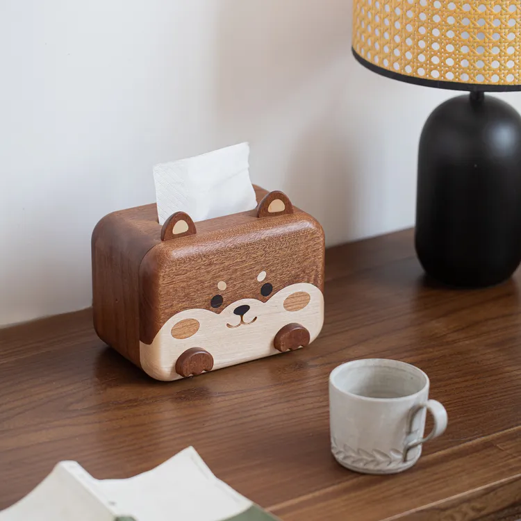 小柴犬纸巾盒 实木创意桌面摆件乔迁搬家礼品礼物（适用中、小号纸）