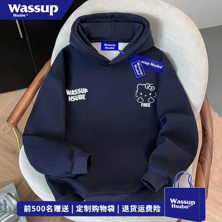 WASSUP HSUBE卡通凯蒂猫字母印连帽卫衣男女秋冬季慵懒风宽松上衣