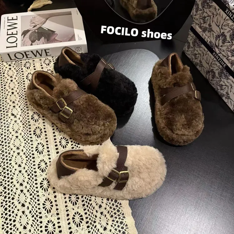 厚底法式玛丽珍毛毛鞋女外穿加绒保暖增高秋冬季2025新款勃肯棉鞋