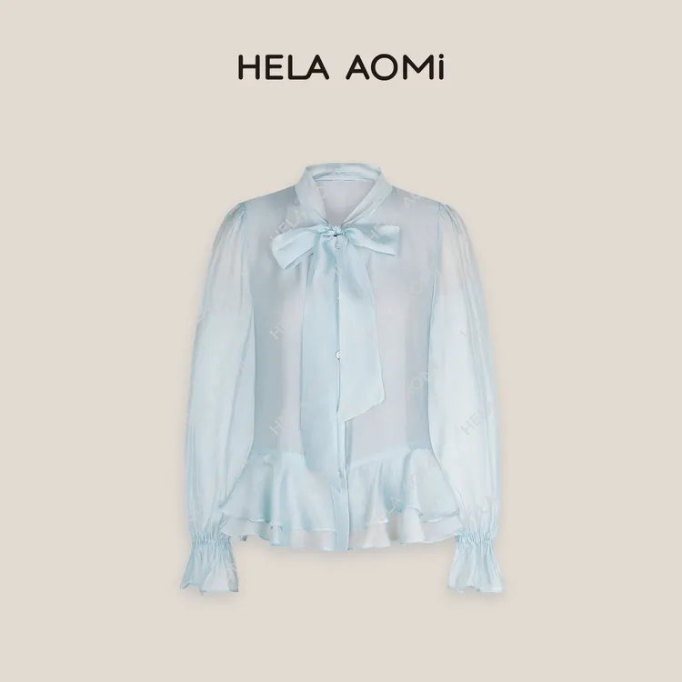 HELAAOMI “冰蓝裙摆”法式蝴蝶结喇叭袖气质衬衫上衣CY4DX11097