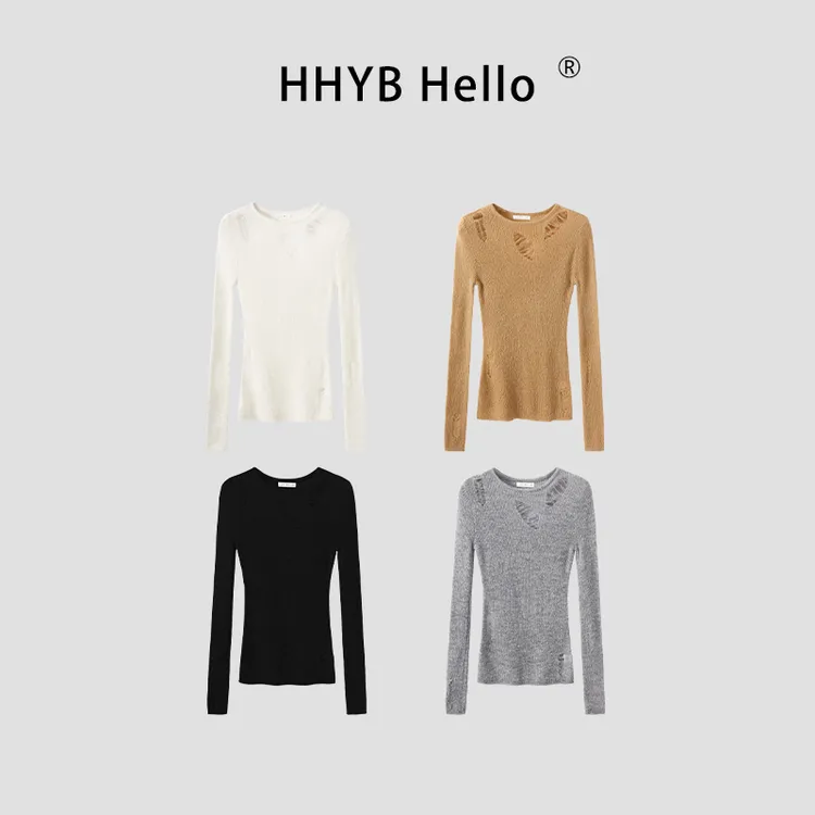 HHYB Hello镂空针织T恤女2025春秋长袖修身显瘦圆领毛衣M1370