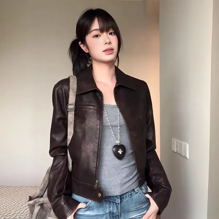 美式复古做旧啡色短皮衣夹克外套2025秋季新款辣妹百搭翻领pu外套