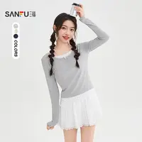 三福长T恤秋季蕾丝圆领日系慵懒风碎花拼接假两件上衣女装507566