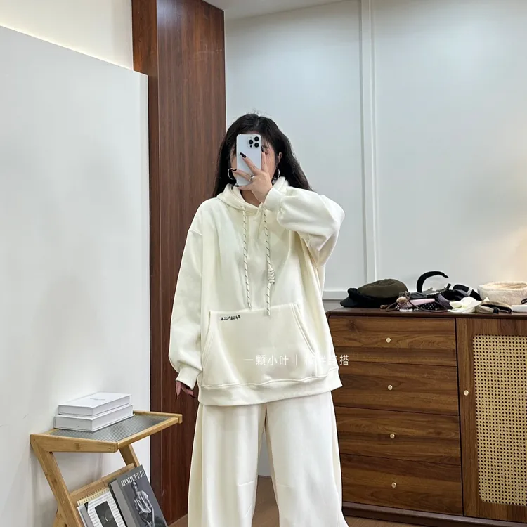 【一颗小叶】冬季大码宽松加绒带帽卫衣休闲通勤上衣外套