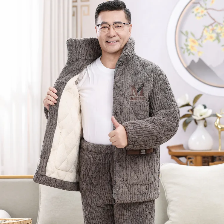 中老年人男士冬季三层夹棉加厚保暖爸爸睡衣珊瑚绒家居服套装冬款