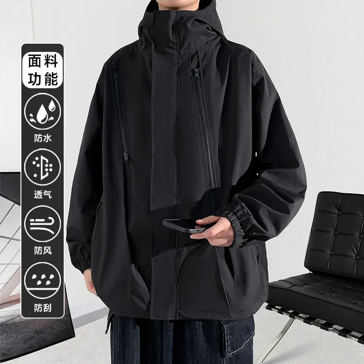 户外三合一冲锋衣男士春秋季外套防水薄款连帽夹克美式黑色登山服