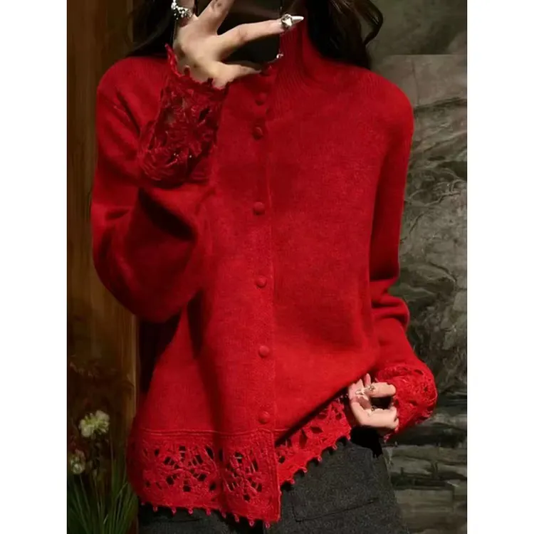 红色高领毛衣女士秋冬慵懒高级感减龄显瘦镂空钩花打底针织衫上衣
