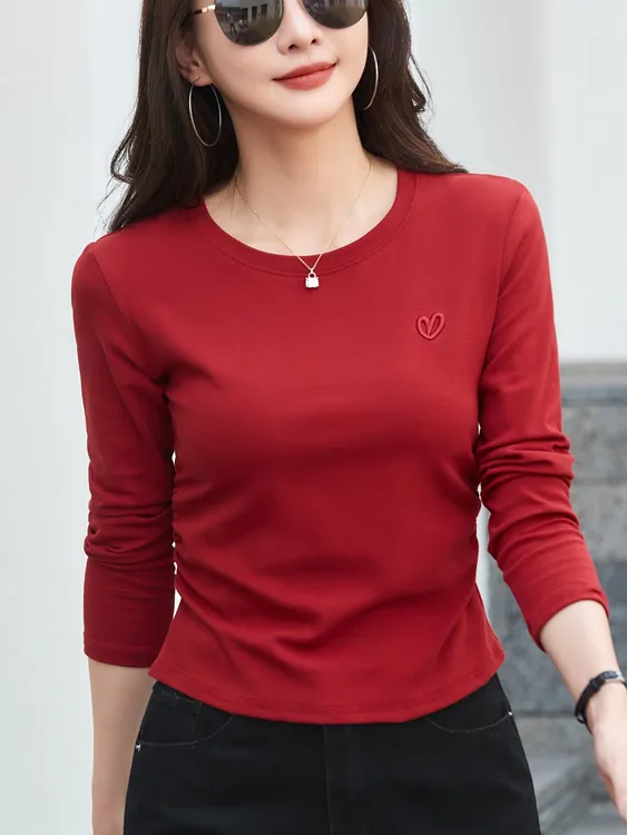 爱心圆领长袖t恤女春秋新款打底衫内搭褶皱收腰修身短款上衣外穿