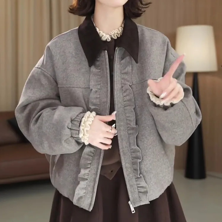 时尚百搭翻领短外套女2025秋季新款设计感休闲简约木耳边夹克上衣