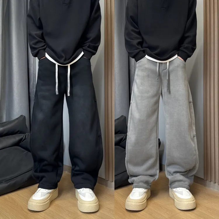 冬季加绒加厚复古渐变弯刀卫裤潮流拼接宽松直筒垂感阔腿休闲长裤