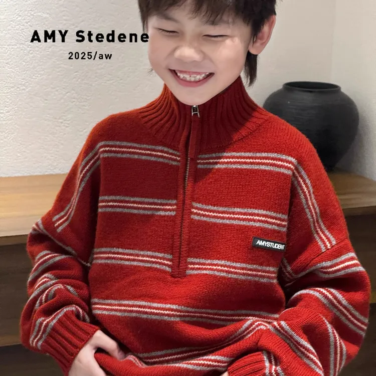 男童女童红色毛衣2025秋冬新款儿童新年战袍冬季条纹加厚上衣